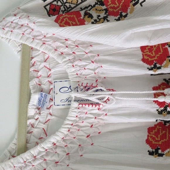 Embroidered Gauzy White Blouse with Red Floral Authentic Design Peasant Boho - Picture 3 of 7